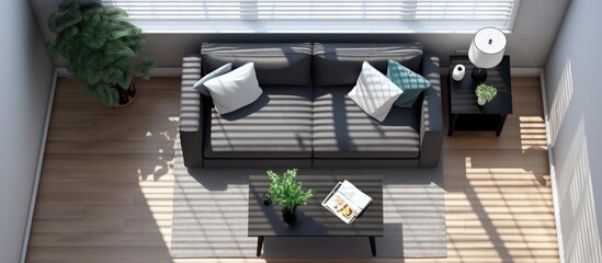 Aufkleber - Top view on small and modern living room with big window with black blinds cozy sofa coffee table and decorations. Creative Banner. Copyspace image
