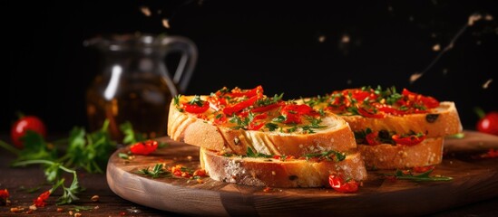 Poster - Roasted red peppers on a toasted bread with parsley and olive oil. Creative Banner. Copyspace image