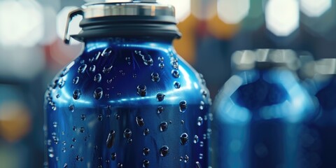 Poster - A blue water bottle with water droplets. Perfect for promoting hydration and healthy lifestyle