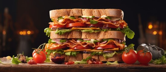 Poster - sandwich yummy club sandwich large delicious natural sandwich for Breakfast or lunch making of the fastfood at home. Creative Banner. Copyspace image