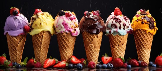 Poster - Various sweet taco ice creams Waffle taco shells with chocolate and vanilla flavour ice cream with different fruits berry toppings. Creative Banner. Copyspace image