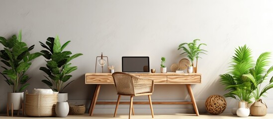 Aufkleber - Stylish and boho home interior of open work space with wooden desk chair lamp laptop and white shelf Design and elegant personal accessories Botany and minimalistic home decor with plants