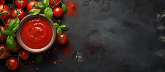 Poster - Tomato ketchup sauce in a bowl with spices herbs and cherry tomatoes View from above. Creative Banner. Copyspace image