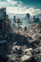 Poster - A city in the background with a large pile of rubble in the foreground. Suitable for depicting urban destruction and post-apocalyptic scenarios