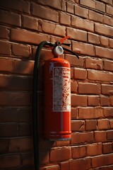 Wall Mural - Fire extinguisher attached to a brick wall, suitable for fire safety and emergency situations