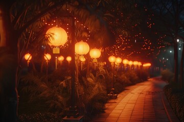Aufkleber - A pathway lined with lots of lights next to trees. Perfect for adding a touch of magic to any project