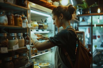 Poster - A woman standing in front of an open refrigerator. Versatile image for various concepts and themes