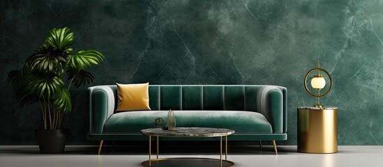 Wall Mural - Stylish minimalistic interior of living room with design green velvet sofa black coffee table pillow marble table lamp hanging gold flowerbeds and elegant accessories Eucalyptus color Template