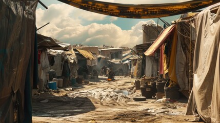 Poster - A picture of a dirty street with a significant amount of trash on the ground. This image can be used to portray environmental issues or urban decay