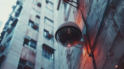 Poster - A security camera mounted on the side of a building. Can be used to monitor and enhance security measures