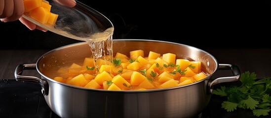 Aufkleber - Step by step preparation soup with pumpkin and vegetables step adding chopped potatoes to the broth. Creative Banner. Copyspace image