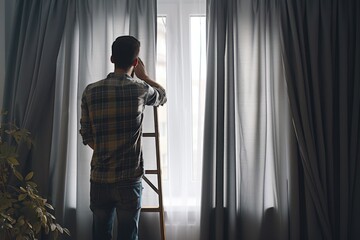 Poster - A man is standing in front of a window with a ladder. This image can be used to depict concepts such as home improvement, maintenance, or window cleaning