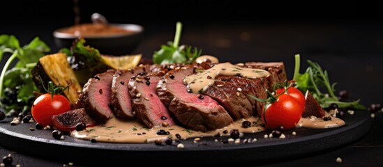 Aufkleber - Modern style barbecue dry aged wagyu roast beef pepper steak with barbecue vegetable in pepper cream sauce served as close up in a design plate. Creative Banner. Copyspace image