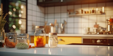 Poster - A kitchen counter with jars filled with various types of food. This image can be used to showcase a well-stocked pantry or for food-related articles and blog posts