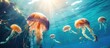 Mediterranean jellyfish Cotylorhiza tuberculata and fish Mediterranean Sea Croatia. Creative Banner. Copyspace image