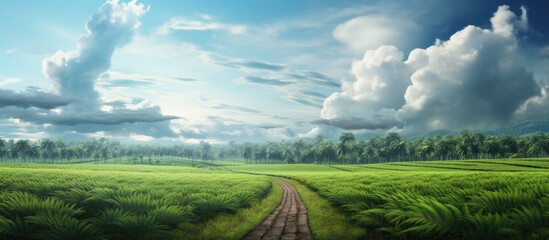 Wall Mural - Palm oil trees palm oil plantation white clouds. Creative Banner. Copyspace image