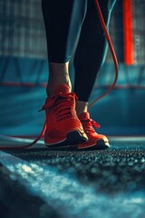 Poster - Close-up view of a person's feet holding a jump rope. Versatile image suitable for fitness, exercise, and active lifestyle concepts