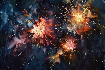 Poster - A vibrant painting capturing the beauty of fireworks lighting up the night sky. Perfect for adding a festive touch to any project or celebration