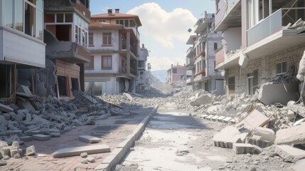 Poster - A street filled with debris and rubble. Perfect for illustrating urban decay or post-disaster scenarios