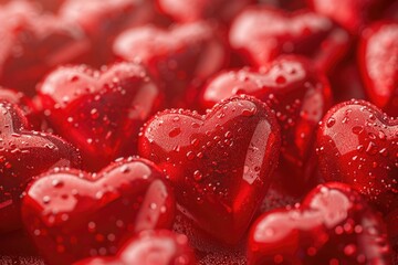 Poster - A collection of red hearts with water droplets on them. Can be used for Valentine's Day cards or romantic-themed designs