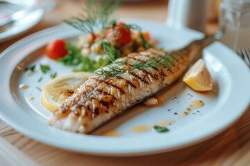 Aufkleber - A white plate topped with a fish covered in sauce. Ideal for food-related projects and restaurant menus