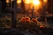 Sunset serenity on cemetery, stone grave cross and flowers on it