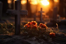 Sunset Serenity On Cemetery, Stone Grave Cross And Flowers On It
