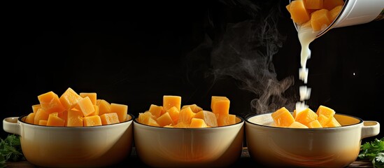 Aufkleber - Step by step preparation soup with pumpkin and vegetables step adding chopped potatoes to the broth. Creative Banner. Copyspace image