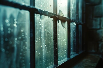 Poster - Raindrops glistening on a window surface. Suitable for weather-related themes and concepts