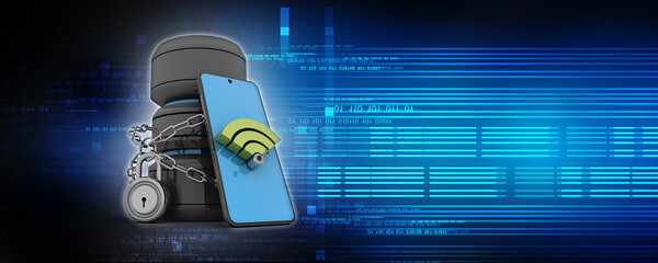 Poster - 3d rendering Transmitter mobile WiFi near database protection lock
