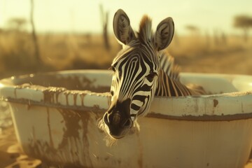 Poster - Zebra standing in a tub of water. Suitable for animal-themed designs and concepts