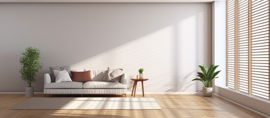 Poster - Stylish living room with corner windows with blinds and hardwood floor panorama. Creative Banner. Copyspace image