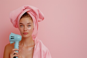 Poster - A woman holding a hair dryer in a pink towel. Perfect for beauty and personal care themes