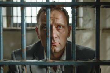 Poster - A man dressed in a suit is seen sitting inside a jail cell. This image can be used to depict concepts of imprisonment, criminal justice, or legal troubles