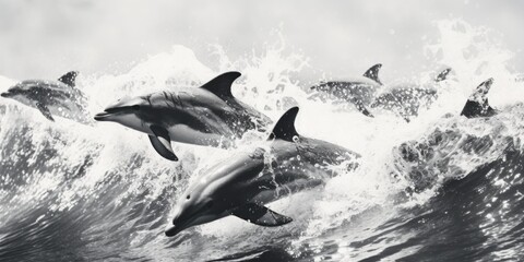 Sticker - Dolphins riding a wave in the ocean. Perfect for nature and wildlife enthusiasts