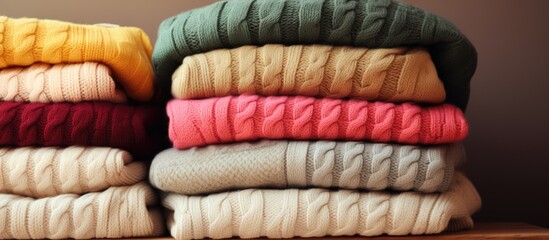 Poster - Stack of cozy knitted sweaters in wicker basket. Creative Banner. Copyspace image