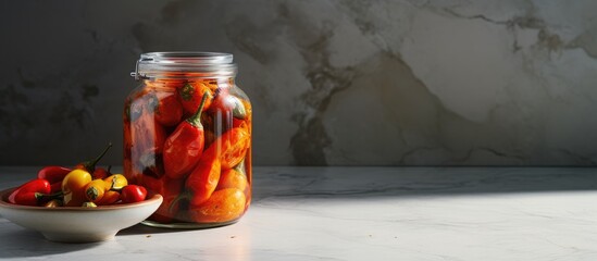 Poster - Pickle jar for winter with roasted peppers on the marble table. Creative Banner. Copyspace image