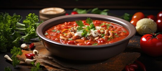 Aufkleber - Soup with vegetables and red lentils Vegan soup with beans and tomatoes. Creative Banner. Copyspace image