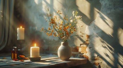 Poster - A beautiful arrangement of flowers and candles displayed in a vase on a table. Perfect for adding a touch of elegance and warmth to any room
