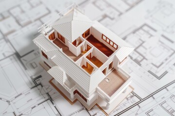 Poster - A model of a house sitting on top of a blueprint. Perfect for architectural projects or real estate presentations