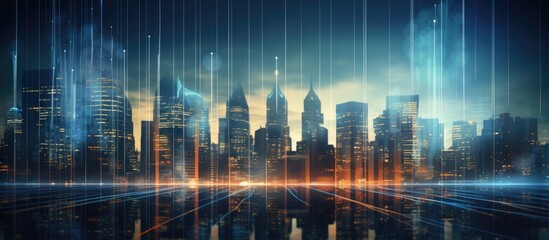 Poster - Stock market report business finance technology and investment concept Abstract finance background businessman analysing forex trading graph financial data market summary city double exposure