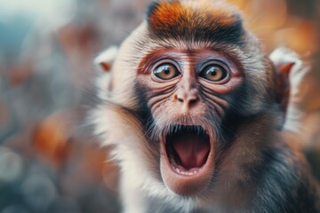 Poster - A close up photograph of a monkey with its mouth wide open. This image can be used to depict curiosity, surprise, or wildlife photography