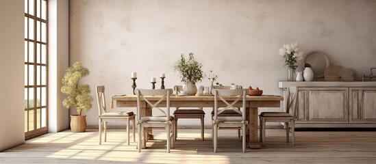 Aufkleber - White and beige dining room in rustic home. Creative Banner. Copyspace image
