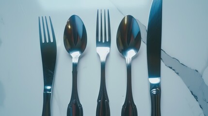 Aufkleber - A set of four forks and a knife placed on a table. Perfect for restaurant menus or kitchen-themed designs