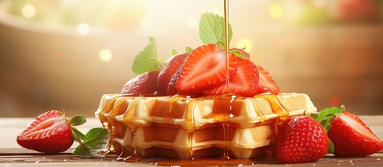Poster - Preparation of delicious and nutritious waffles with honey strawberries and orange juice. Creative Banner. Copyspace image