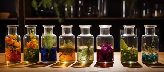 Poster - Scientific Experiment Herbs flower and fruit in test tubes. Creative Banner. Copyspace image