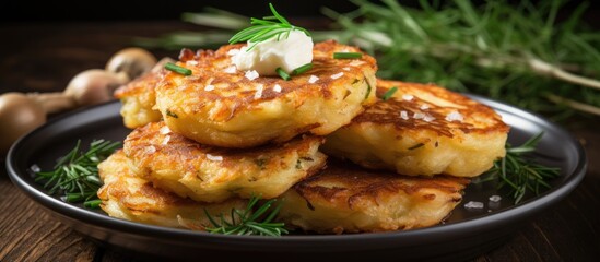 Aufkleber - mash potato pancakes so simple pan fried potato pancake using leftover mashed potatoes. Creative Banner. Copyspace image