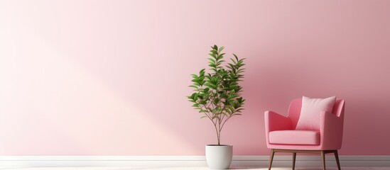 Wall Mural - Pink armchair next to a golden side table with a plant against an empty wall in living room interior. Creative Banner. Copyspace image