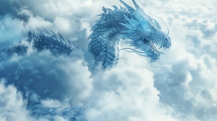 Poster - A majestic blue dragon soaring through the clouds on a cloudy day. Perfect for fantasy and mythical themed projects
