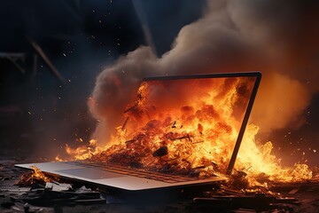 Poster - A laptop engulfed in flames in the darkness of the night. This image can be used to depict a technology malfunction or a cybersecurity breach